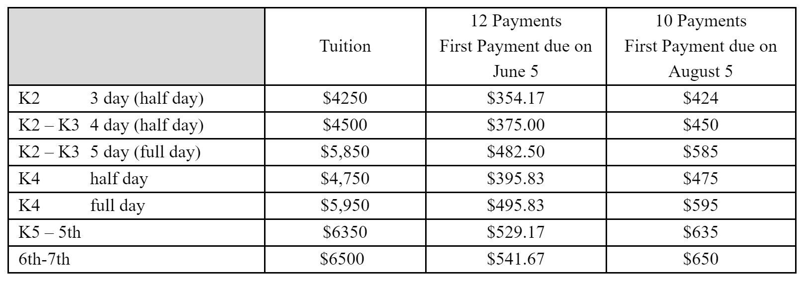 FCA Tuition Rates 2023 